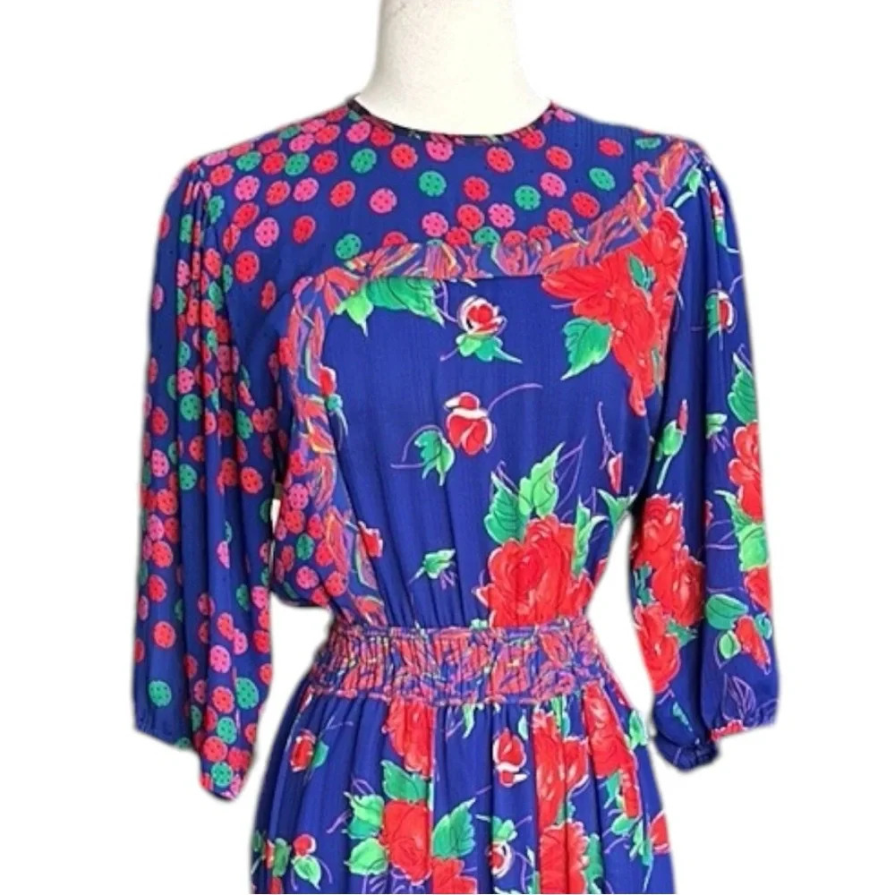 Vintage 80s ASSORTI‎ for Susan Freiss Dress MIDI Floral Cottagecore, Size XS - Picture 3 of 16